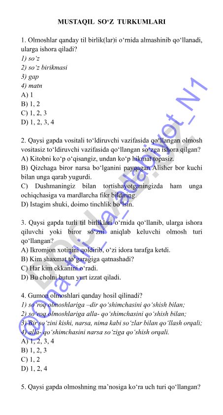 O'zbek tilida olmoshlar haqida test savollari