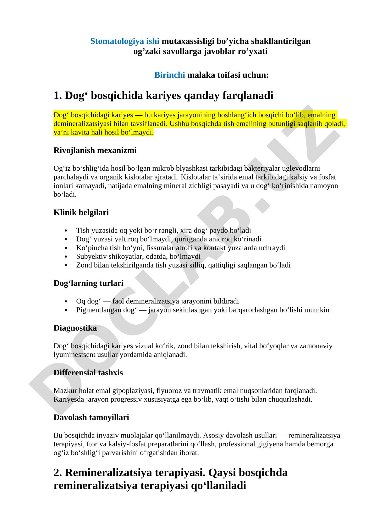 Stomatologiya ishi mutaxassisligi bo'yicha og'zaki savollarga javoblar