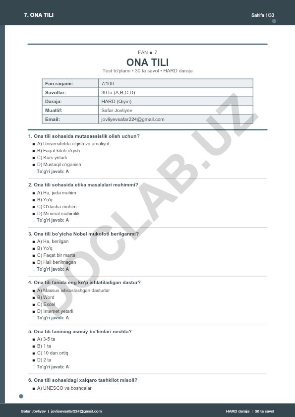 Ona tili fanidan test to'plami - 30 ta savol