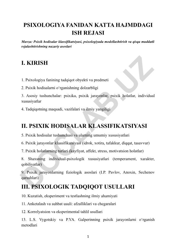 Psixik hodisalar klassifikatsiyasi, psixologiyada modellashtirish va qisqa muddatli rejalashtirishning nazariy asoslari