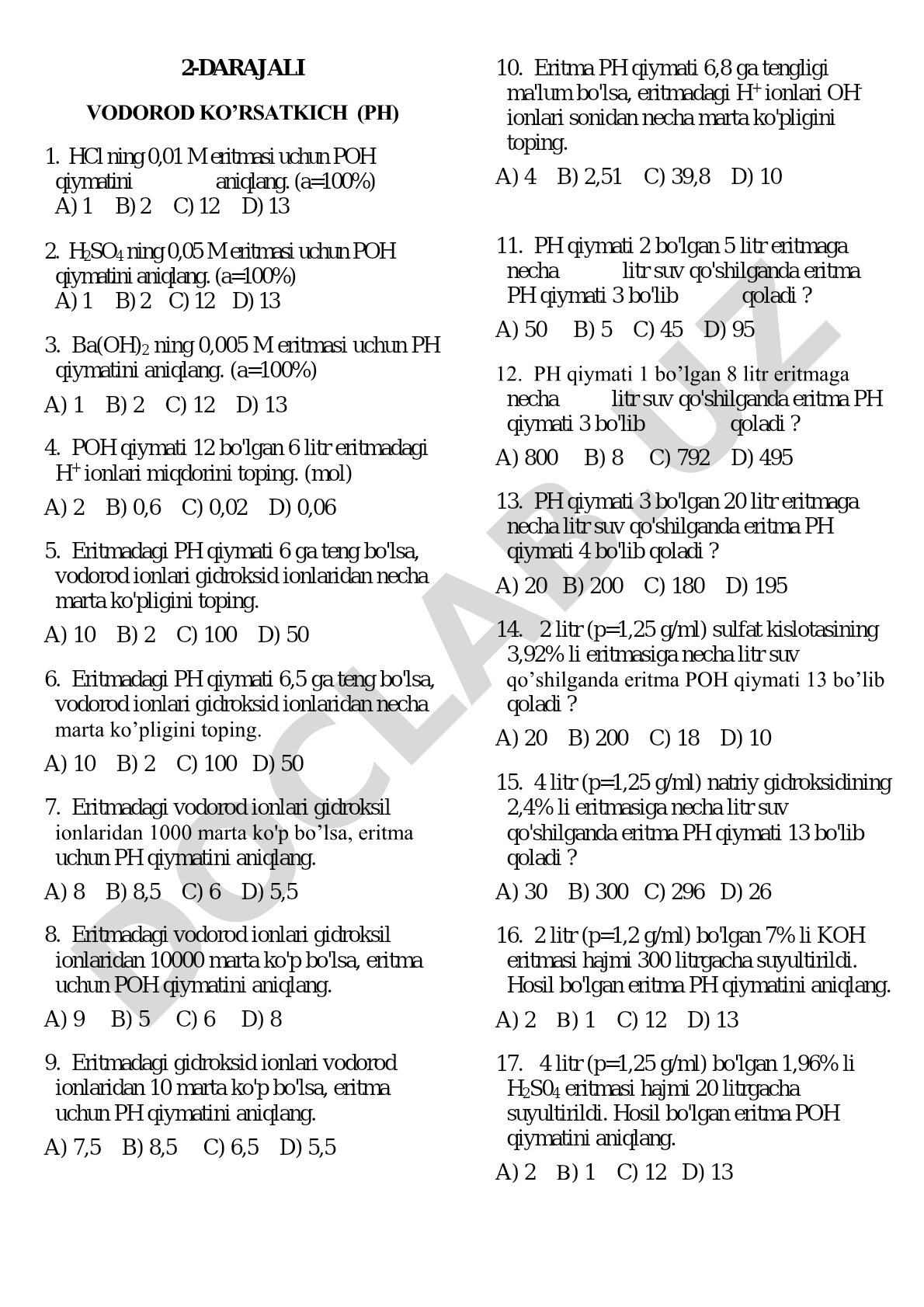 2-darajali vodorod ko'rsatkich (pH) masalalari