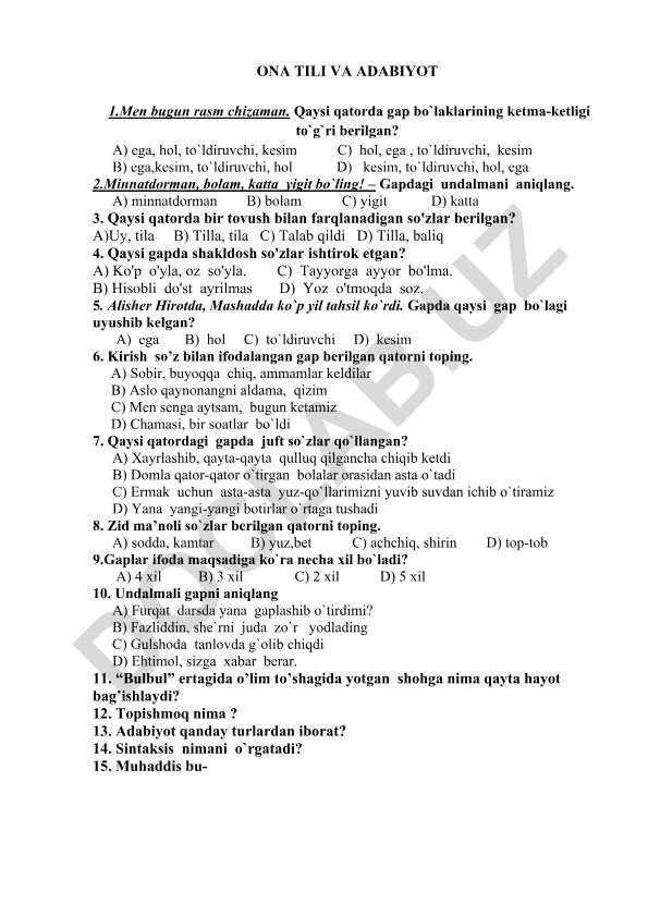 Ona tili va adabiyot fanidan test savollari