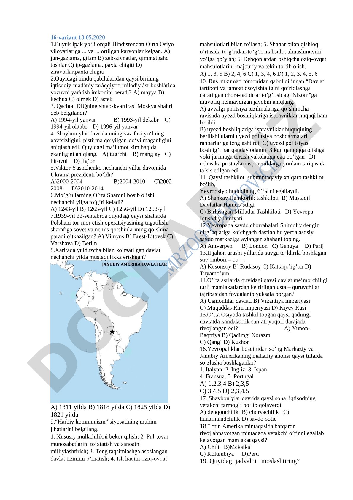 16-variant 13.05.2020 tarix test savollari