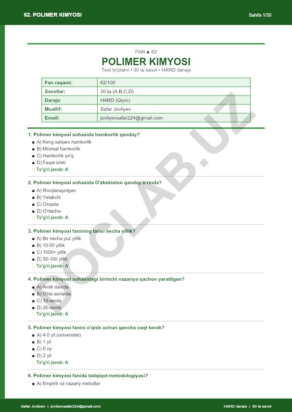 Polimer kimyosi fanidan test to'plami