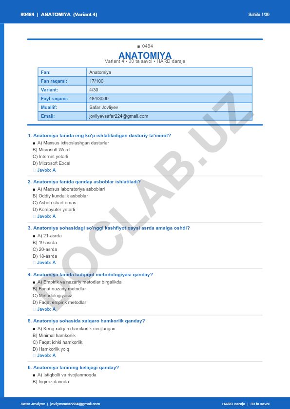 Anatomiya fanidan 30 ta savol testi