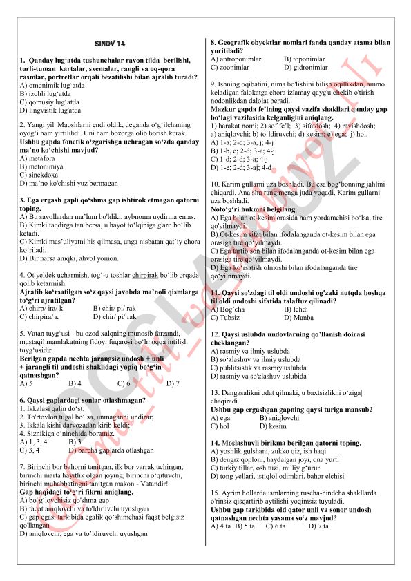 Ona tili fanidan test savollari