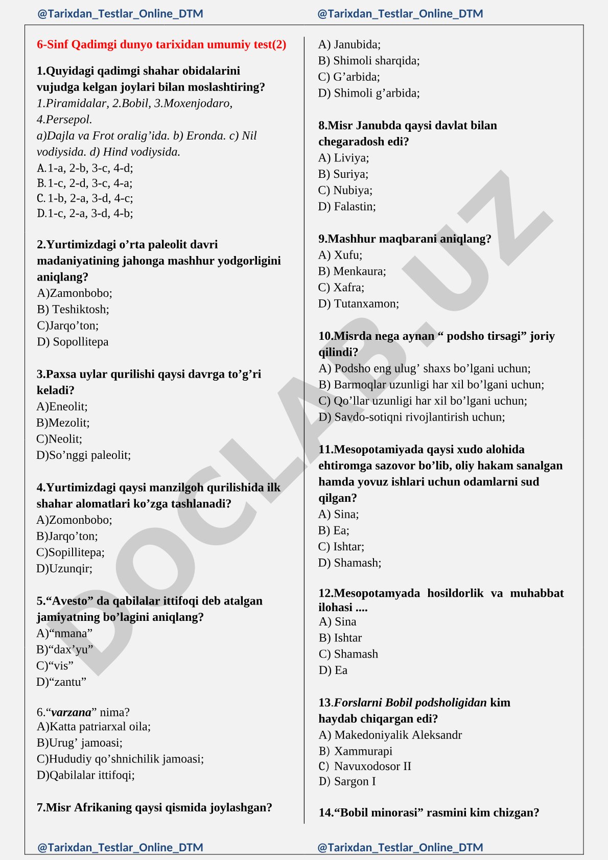 6-sinf Qadimgi dunyo tarixidan umumiy test