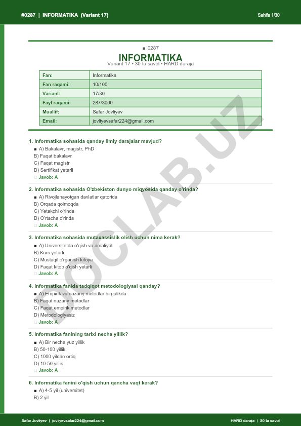 Informatika fanidan 30 ta savol va javoblar to'plami