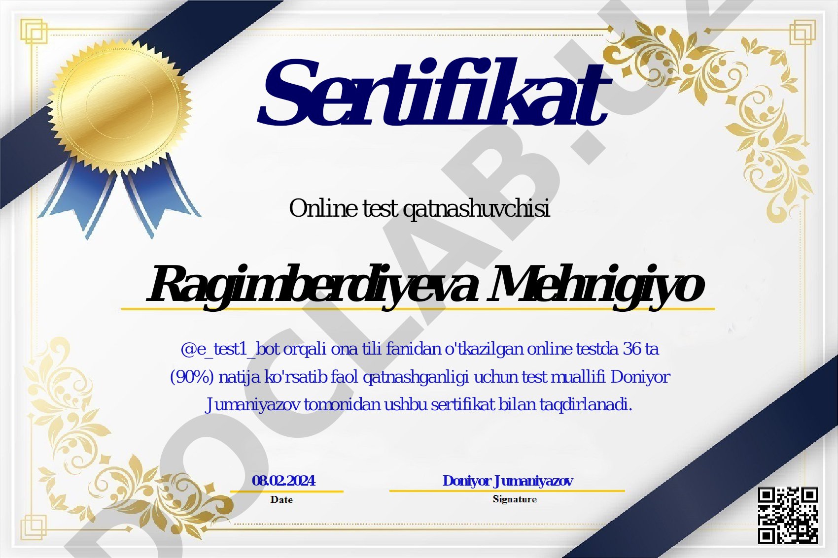 Ona tili fanidan online test sertifikati