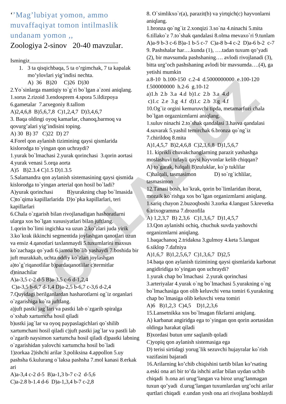 Zoologiya 2-sinov 20-40 mavzular