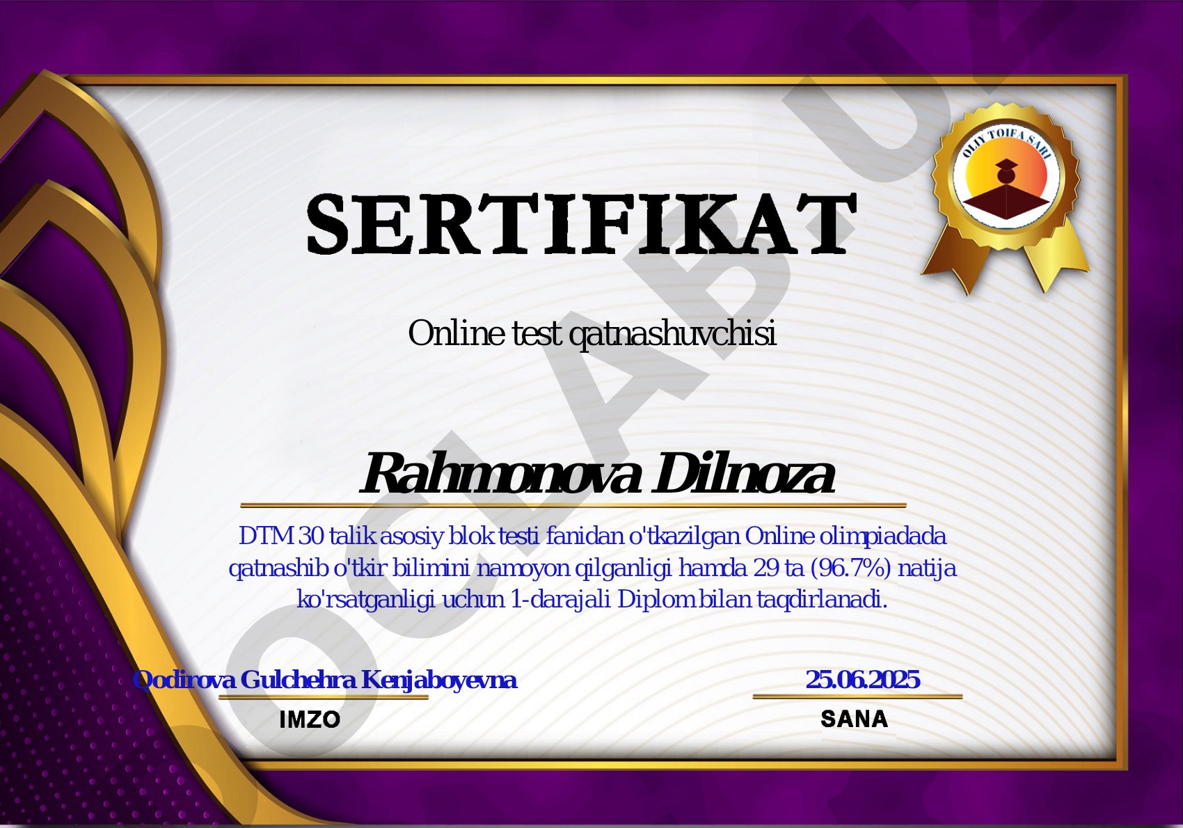 Online olimpiada g'oliblari diplomlari
