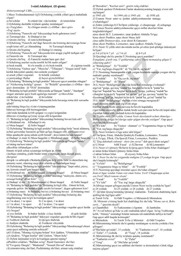 Oybek hayoti va ijodiga oid test savollari