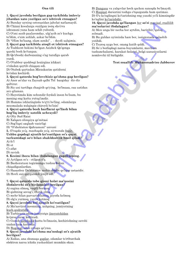 Ona tili imlo va grammatika test savollari
