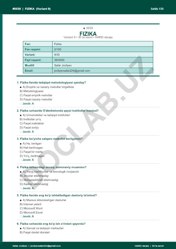 Fizika fanidan 30 ta savolli test (Variant 9)