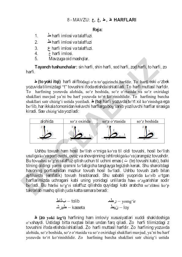 ظ, ط, غ, ع harflarining imlosi va talaffuzi