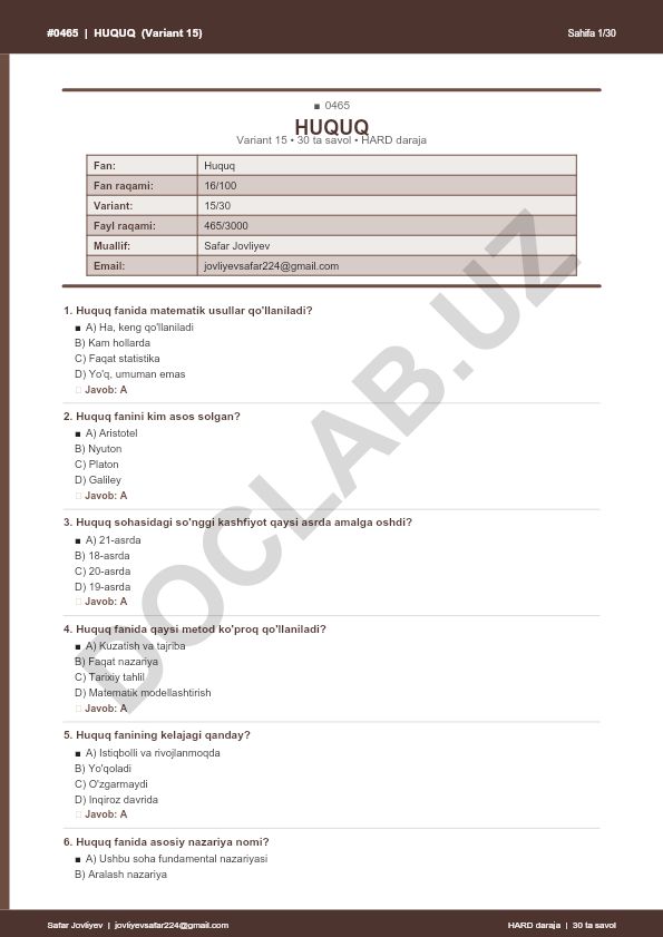 Huquq faniga oid test savollari (Variant 15)
