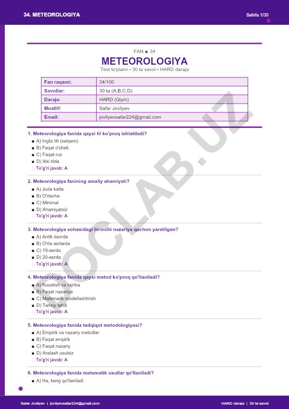 Meteorologiya faniga oid test to'plami