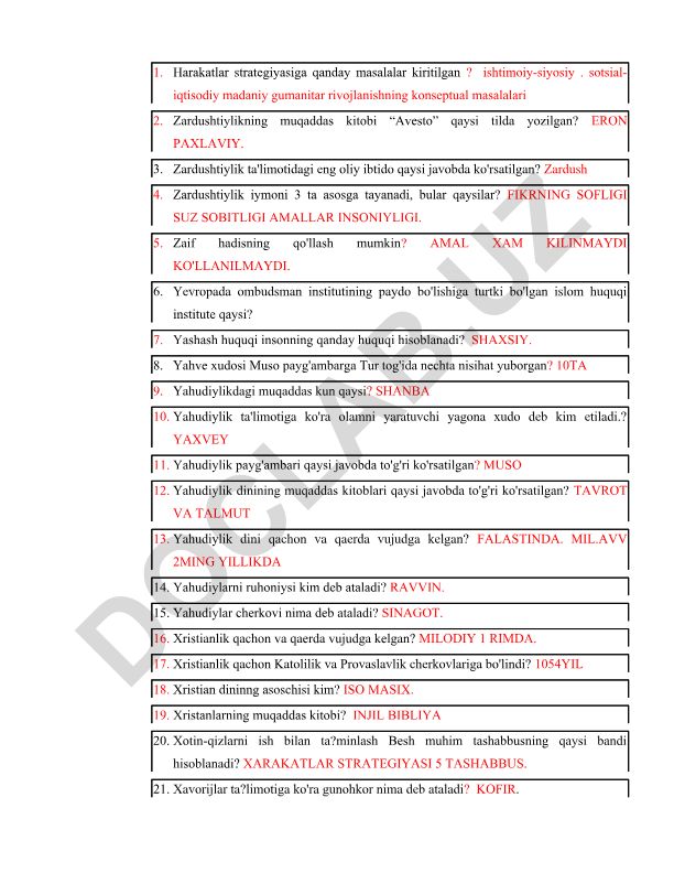 Dunyo dinlari va huquqiy tizimlar haqida test savollari
