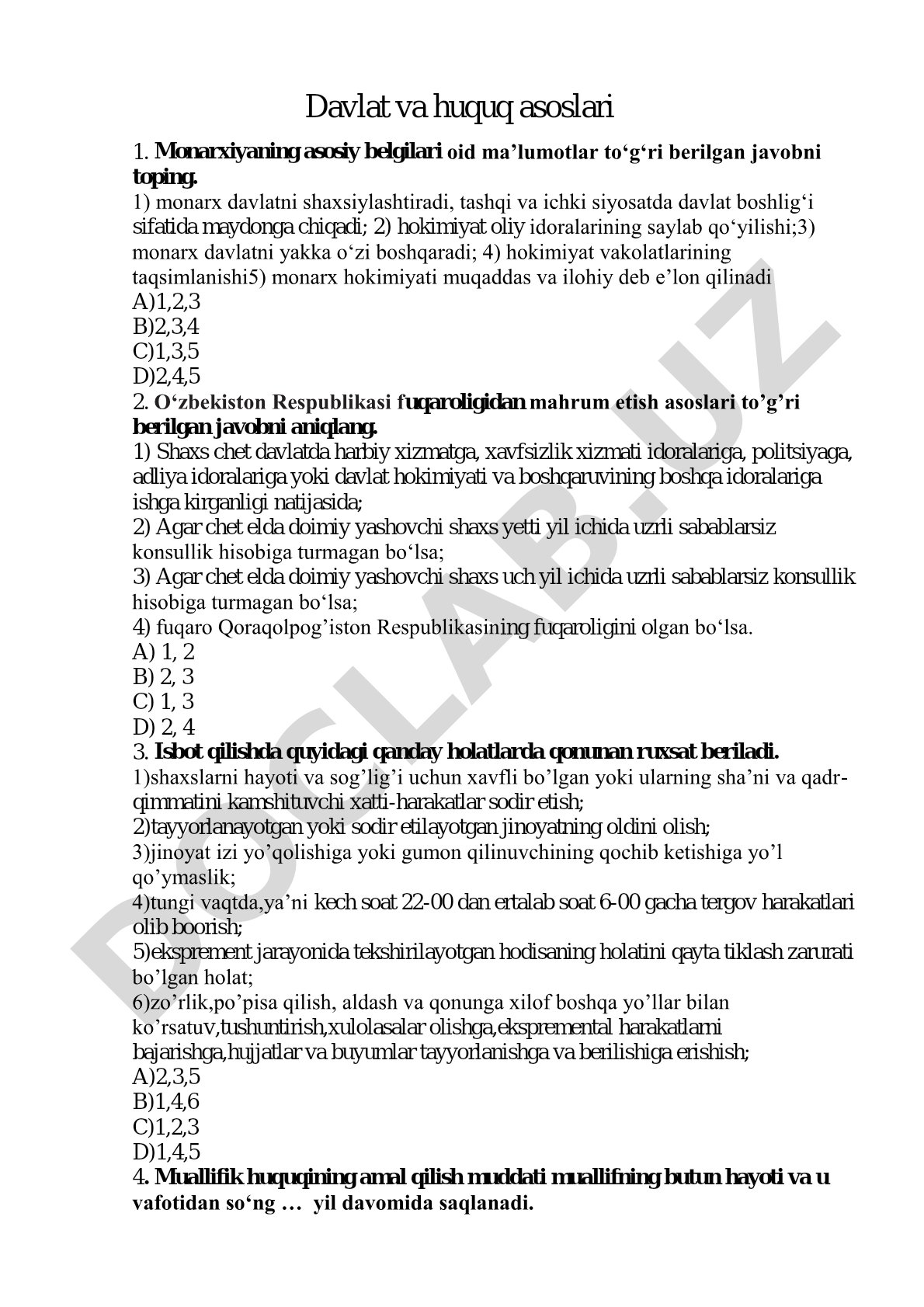 Davlat va huquq asoslari test savollari