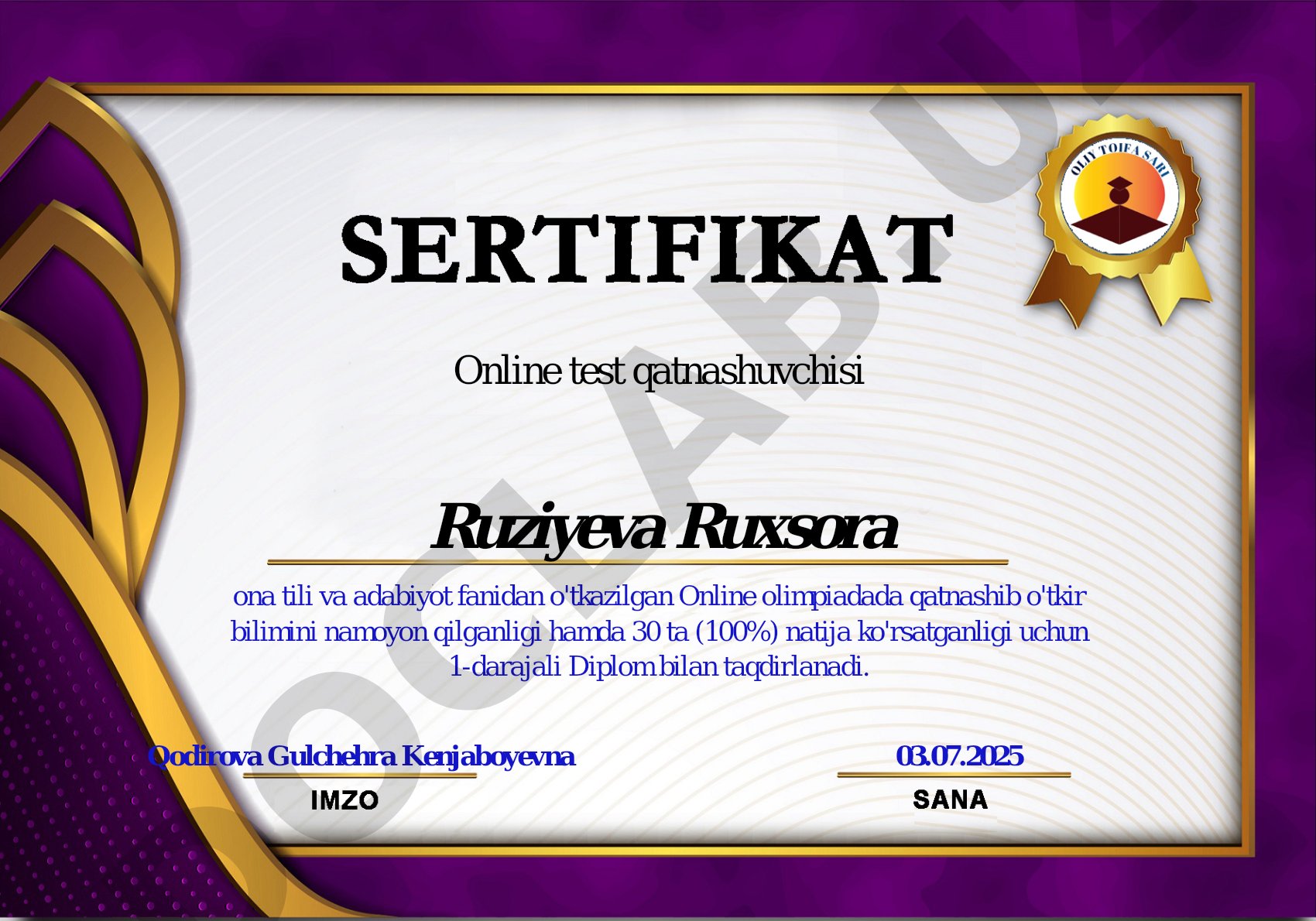 Online olimpiada qatnashchilarini 1-darajali Diplom bilan taqdirlash
