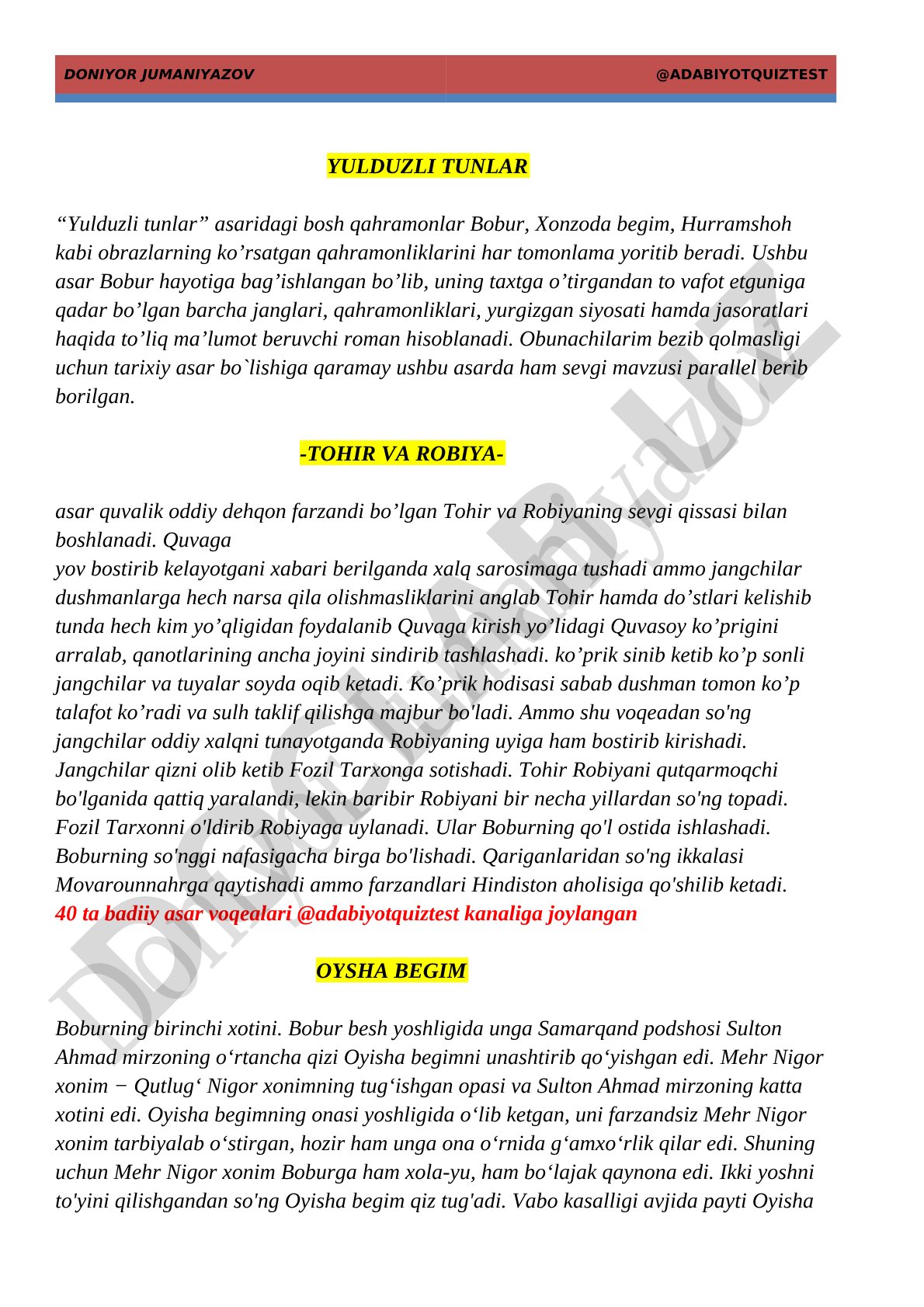 Yulduzli tunlar asaridagi bosh qahramonlar va ularning qahramonliklari