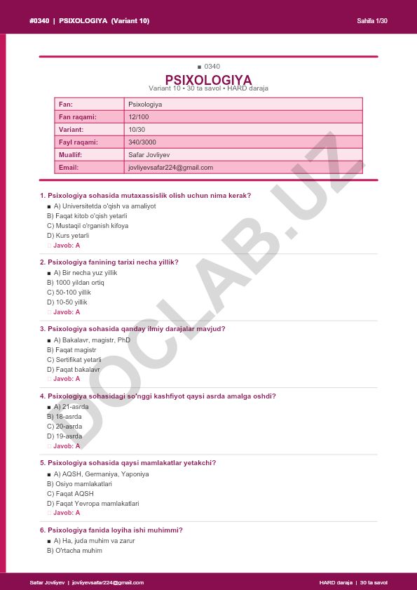 Psixologiya faniga oid test savollari (Variant 10)