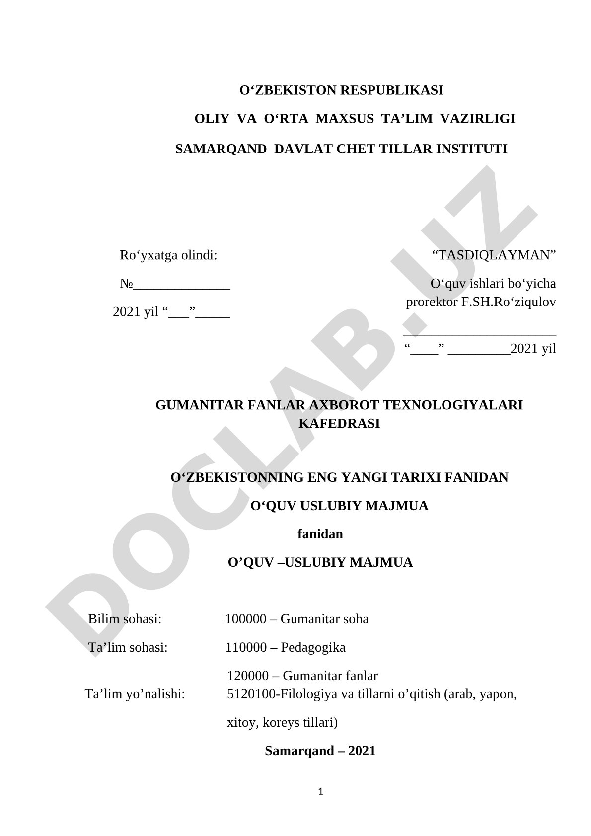 O‘zbekistonning eng yangi tarixi fanidan o‘quv uslubiy majmua