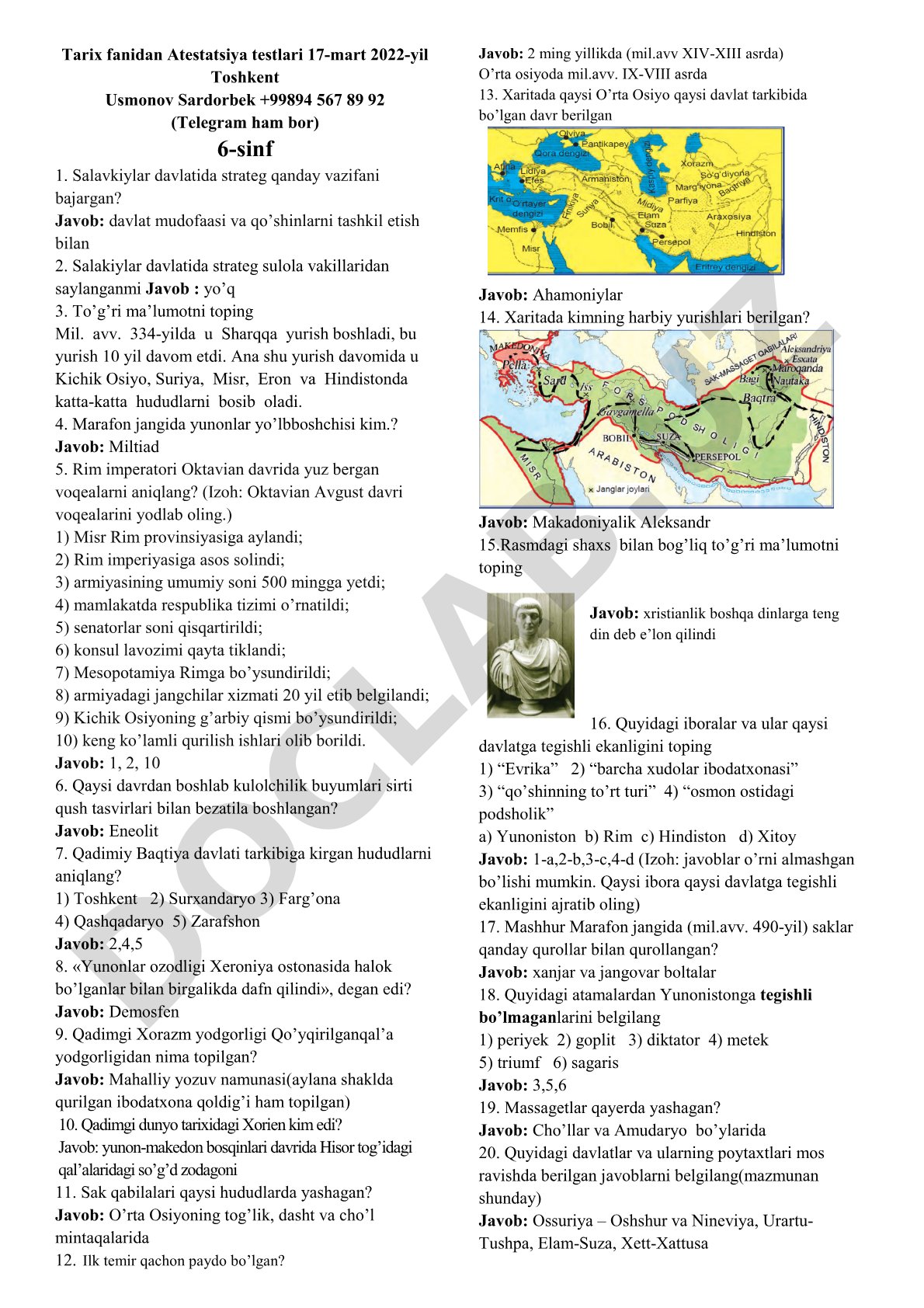 Tarix fanidan Atestatsiya testlari