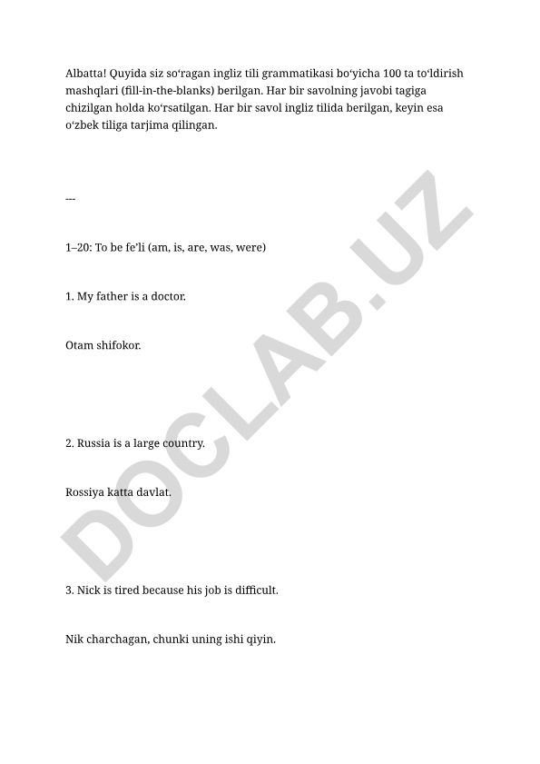 Ingliz tili grammatikasi bo'yicha 100 ta to'ldirish mashqlari