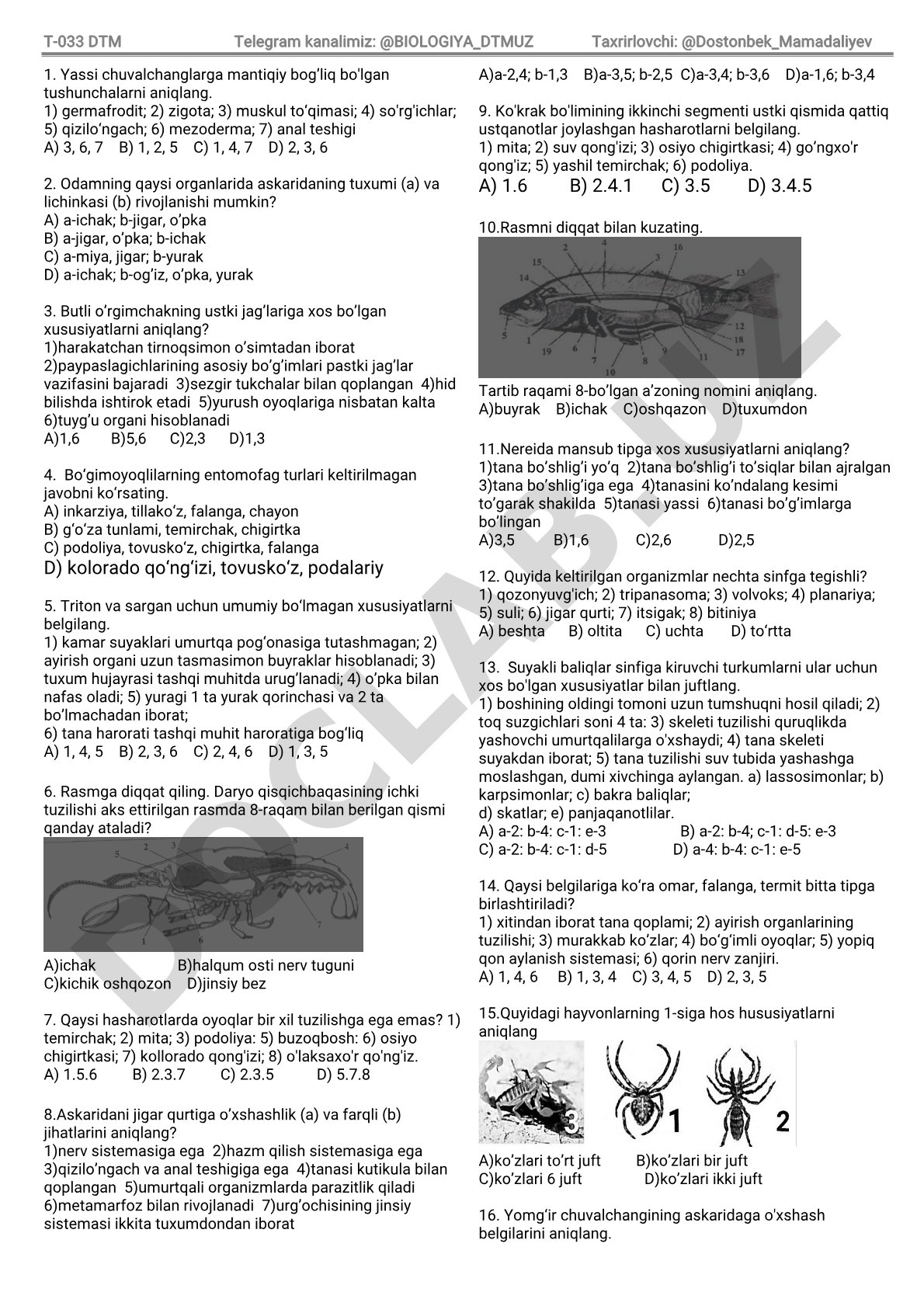 Yassichuvalchanglar va bo'g'imoyoqlilar biologiyasi