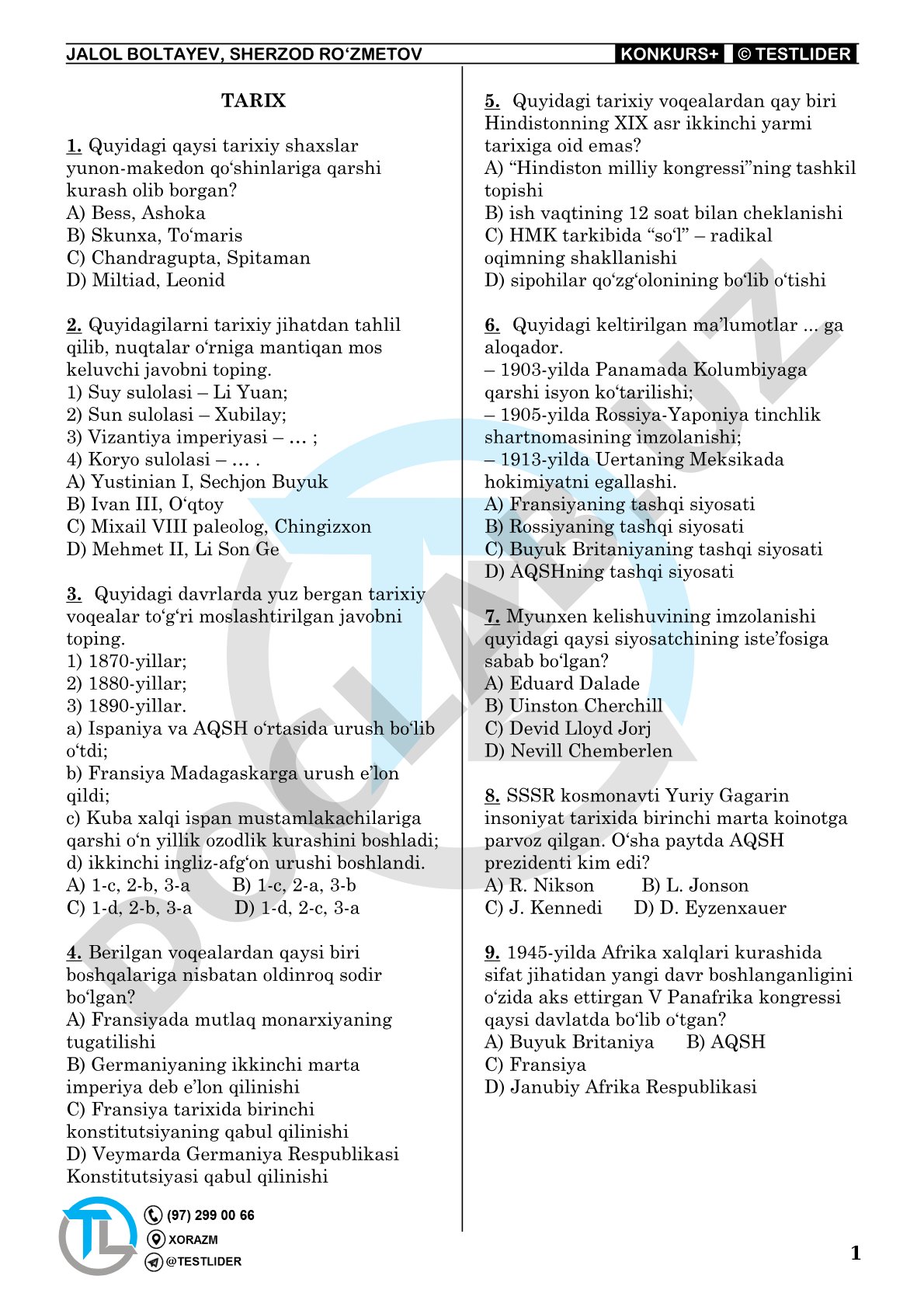 Tarix fanidan test savollari