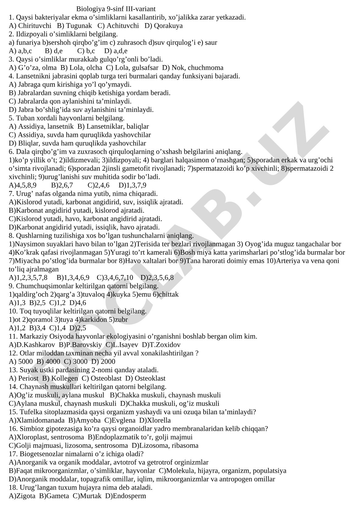 Biologiya 9-sinf III-variant test savollari