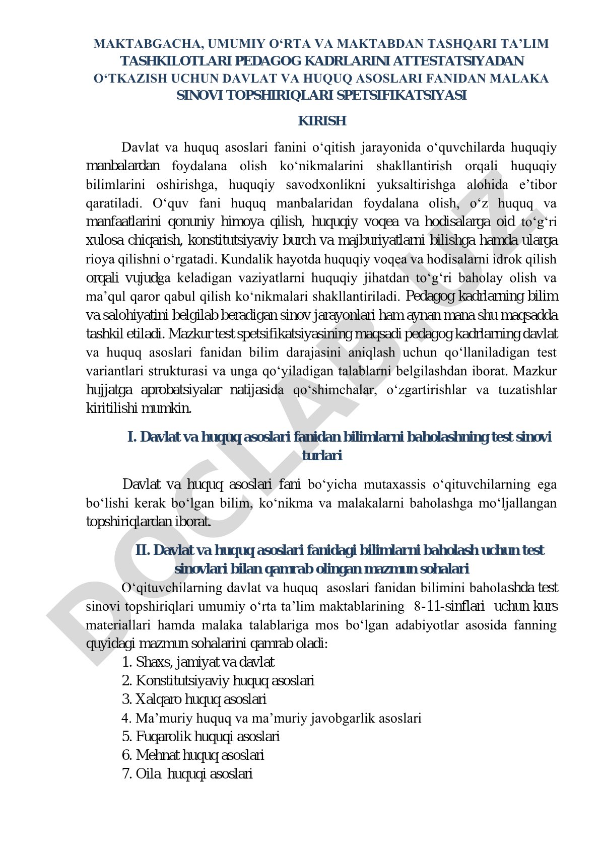 Davlat va huquq asoslari fanidan malaka sinovi topshiriqlari spetsifikatsiyasi