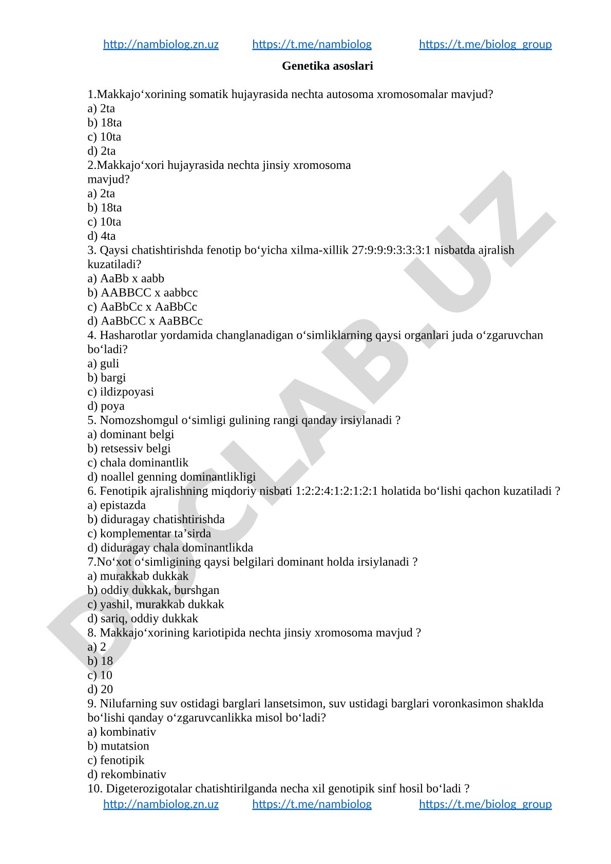 Genetika asoslari test savollari