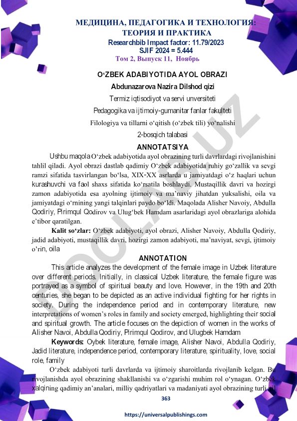 O‘zbek adabiyotida ayol obrazining rivojlanishi