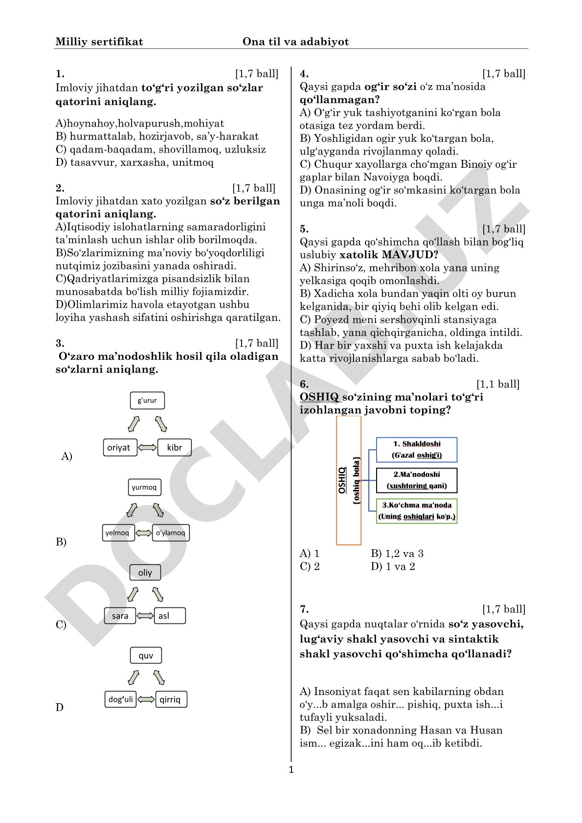 Ona tili va adabiyot milliy sertifikat test savollari