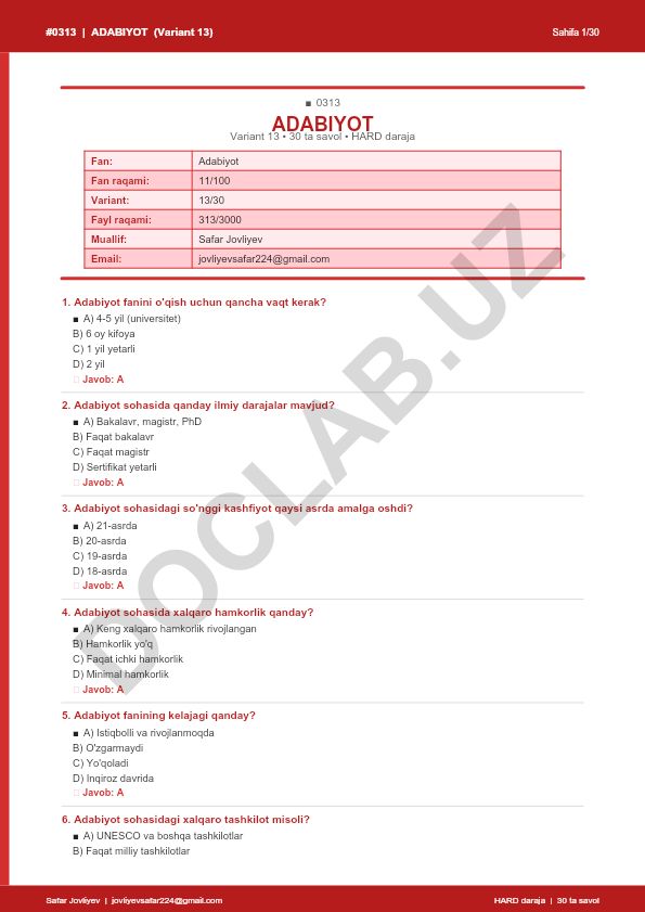 Adabiyot faniga oid test savollari (Variant 13)