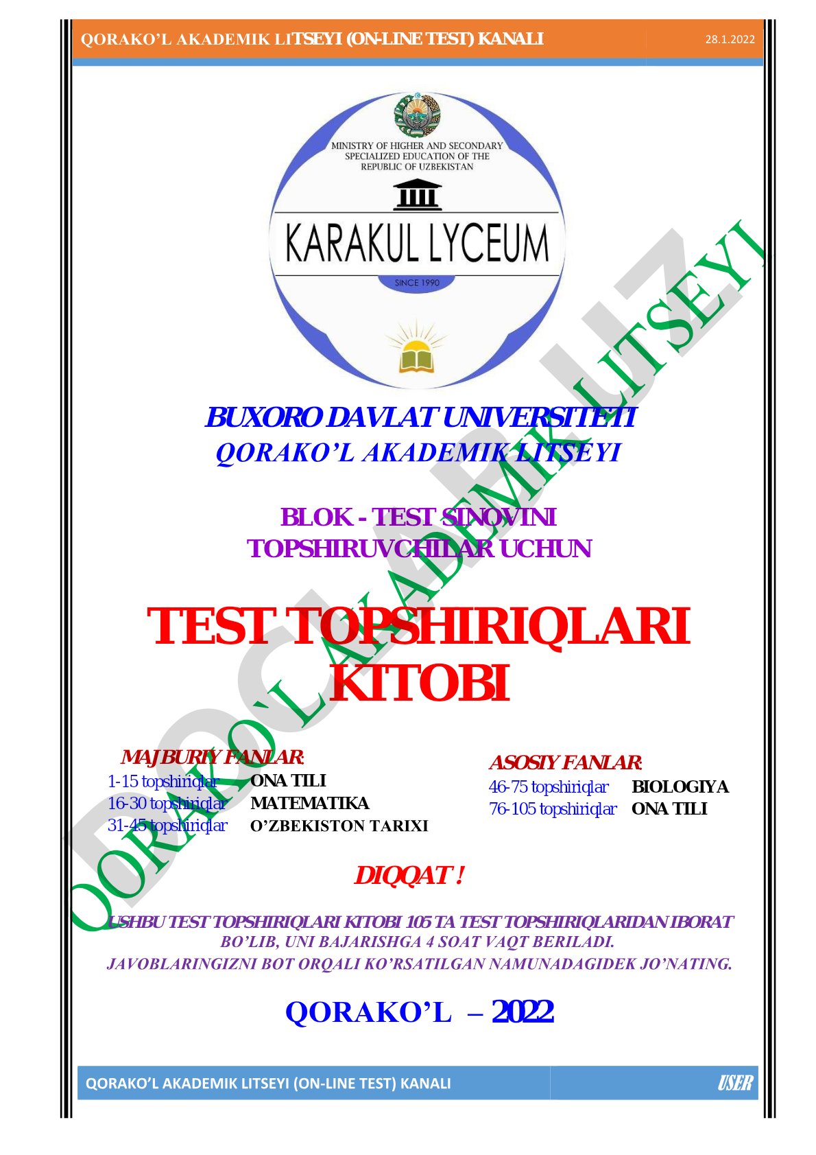 Qorako'l akademik litseyi blok test topshiriqlari kitobi