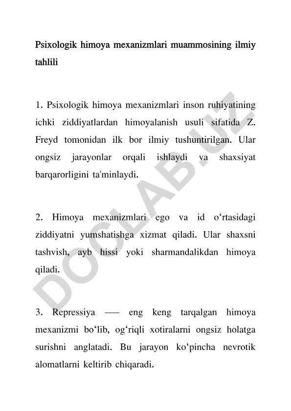 Psixologik himoya mexanizmlari muammosining ilmiy tahlili