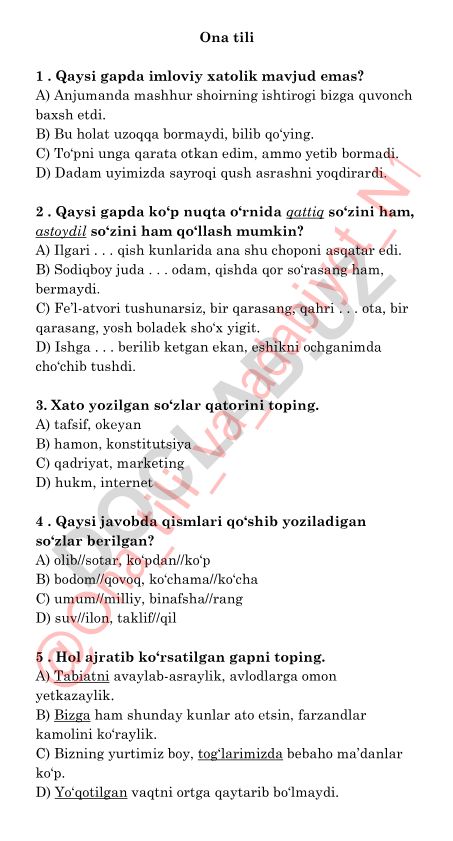 Ona tili imlo va grammatika test savollari