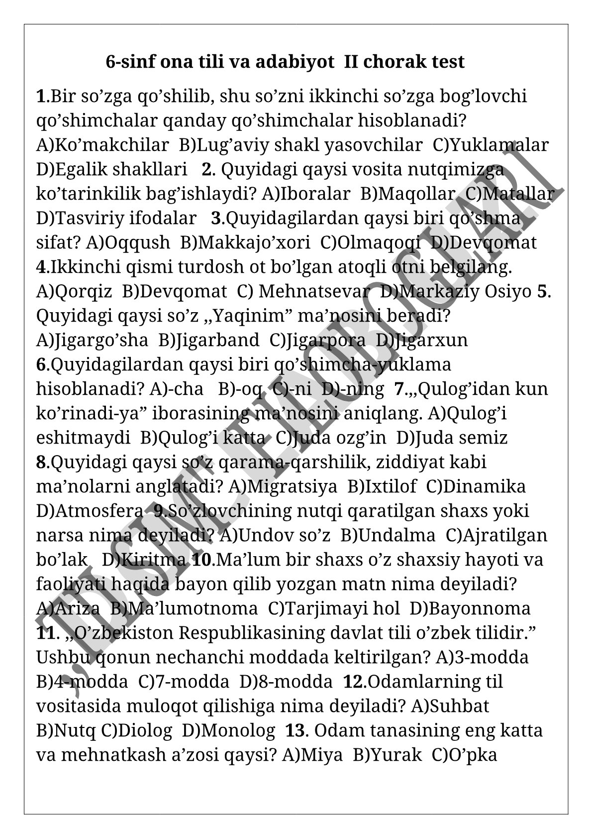 6-sinf ona tili va adabiyot II chorak test