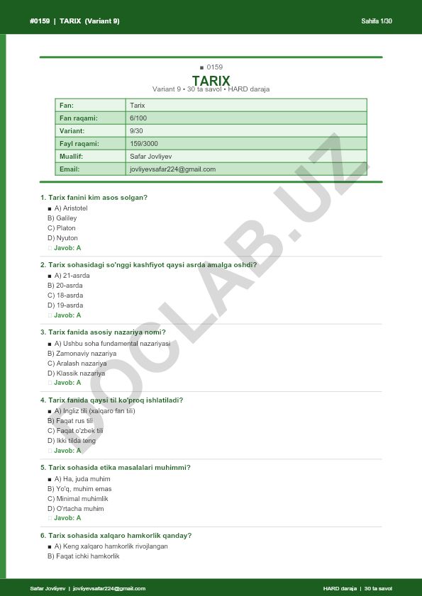Tarix faniga oid test savollari (Variant 9)