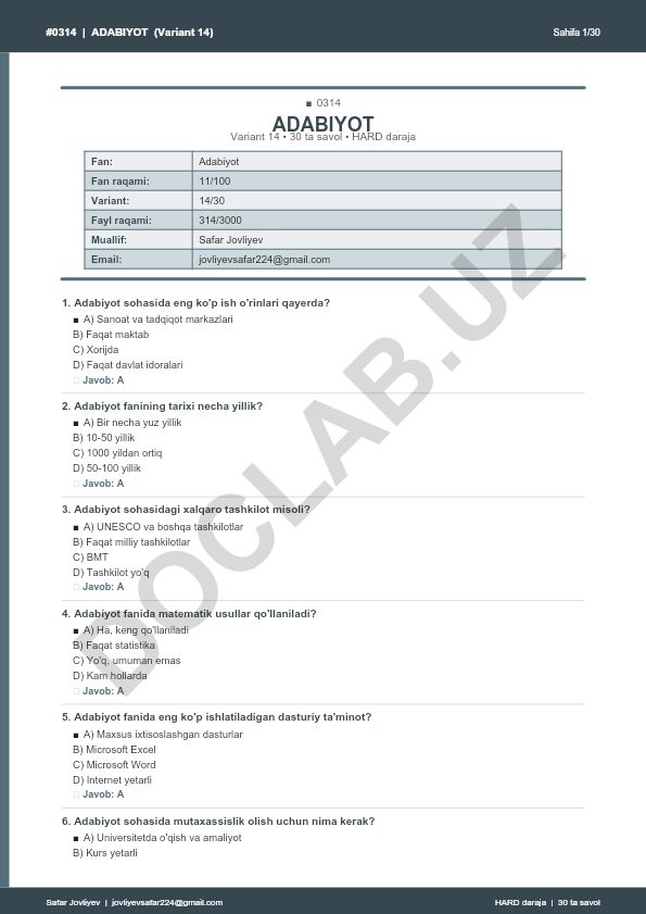 Adabiyot fanidan test savollari (Variant 14)