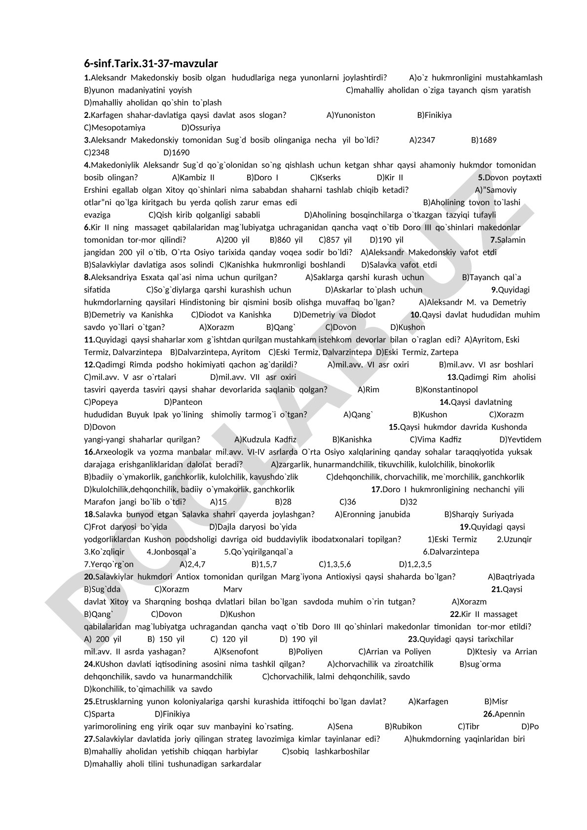 6-sinf Tarix 31-37-mavzular test savollari