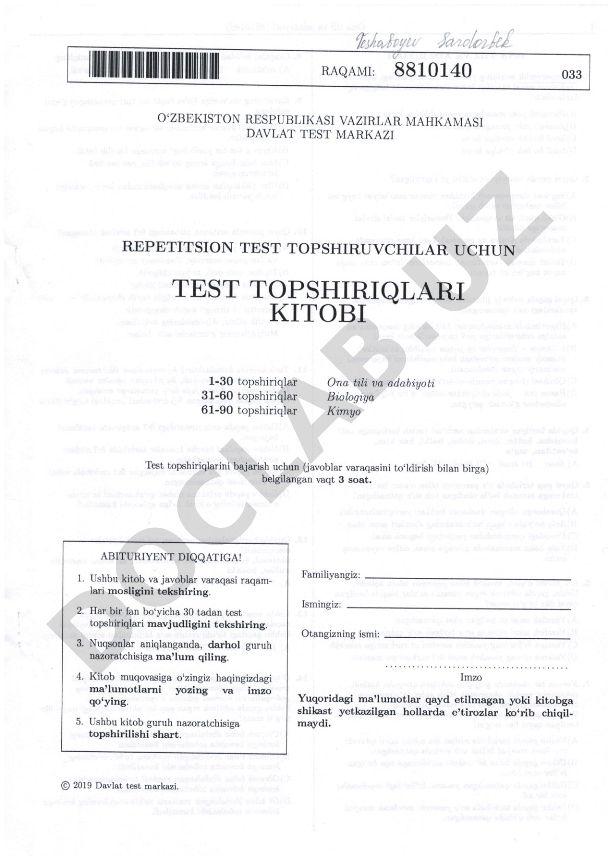 Repetitsion test topshiriqlari kitobi