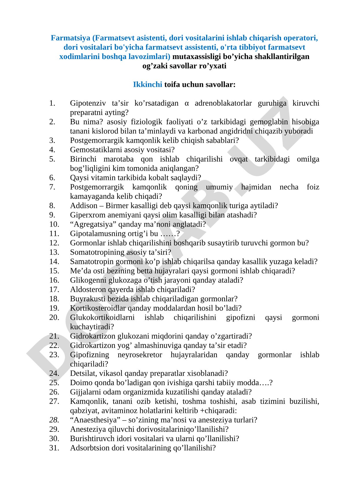 Farmatsiya mutaxassisligi bo'yicha og'zaki savollar ro'yxati (Ikkinchi toifa)