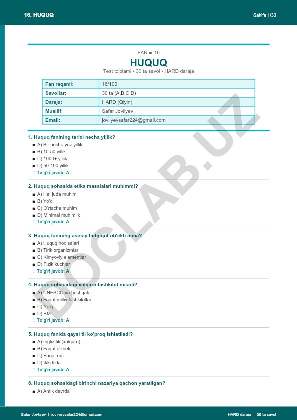 Huquq fanidan test to'plami