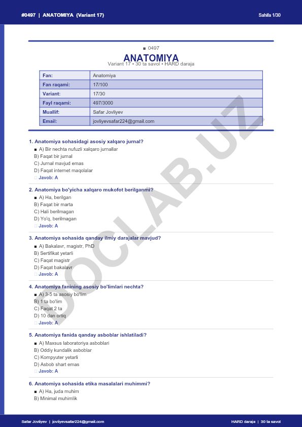 Anatomiya fanidan 30 ta savol va javoblar to'plami
