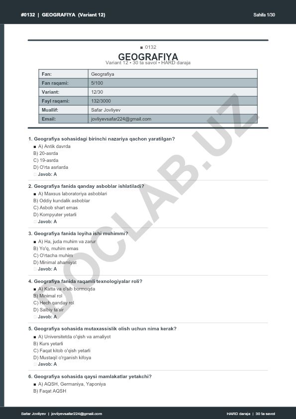 Geografiya fanidan 30 ta savolli test (Variant 12)