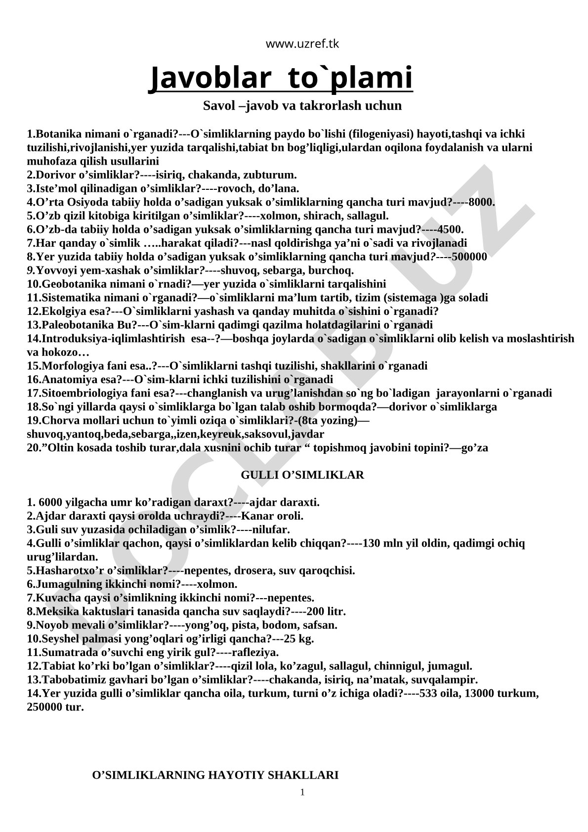 Botanika fanining o'rganish sohasi va o'simliklar haqida savol-javoblar